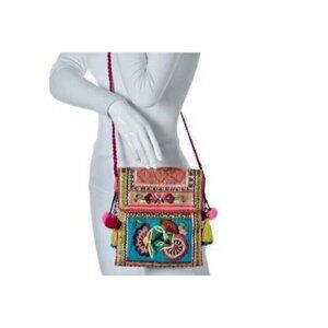 Curations Multi-Color Woven Embroidered Beaded Detail Tassel Pompoms Crossbody